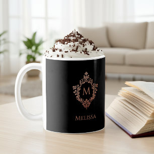 Monogram Black Pink Elegant Rose Gold Crest & Name Coffee Mug