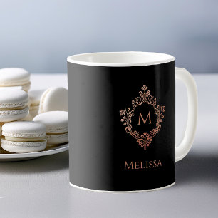 Monogram Black Pink Elegant Rose Gold Crest & Name Coffee Mug