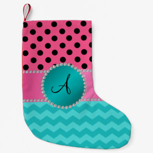 Monogram black pink polka dots turquoise chevrons small christmas stocking