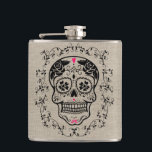 Monogram Black & Pink Sugar Skull on Burlap Hip Flask<br><div class="desc">Show your style with this chic trendy hipster Sugar Skull flask. A sweet sugar skull with various flowers and roses with a funky urban cool design featuring ornate swirls and vintage texture patterns. A frame of vines surrounds the skull. Faux burlap texture. Celebrate Mexico's Day of the Dead or Dia...</div>