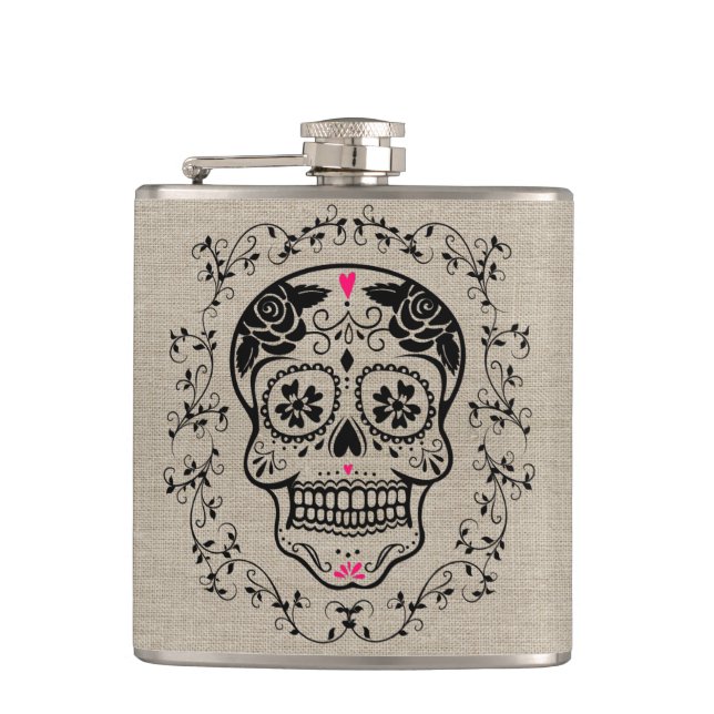 Monogram Black & Pink Sugar Skull on Burlap Hip Flask (Front)