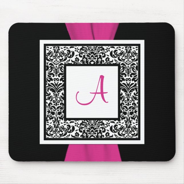 Monogram Black, Pink, White Damask Mousepad (Front)