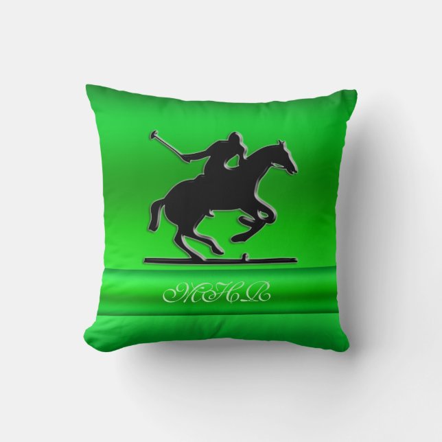 Monogram Black Polo Rider on green metal-look Cushion (Front)
