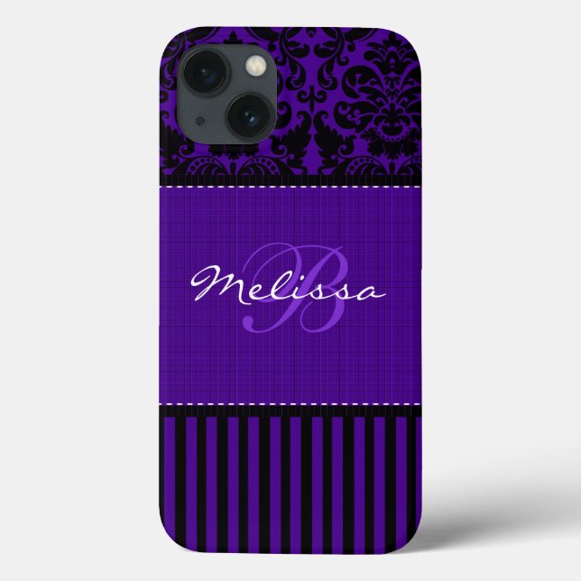 Monogram Black, Purple Damask Stripe iPad Air Case (Back)