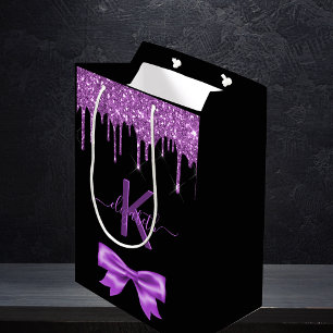 Monogram black purple glitter thank you favour medium gift bag