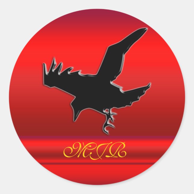 Monogram, Black Raven logo on red chrome-effect Classic Round Sticker (Front)