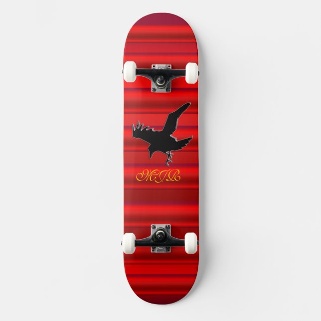 Monogram, Black Raven logo on red chrome-effect Skateboard (Front)
