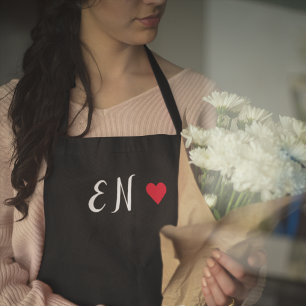 Monogram Black Red Heart Handwritten Script Apron