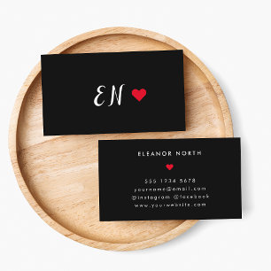 Monogram Black Red Heart Handwritten Script Business Card
