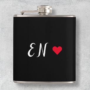 Monogram Black Red Heart Handwritten Script Hip Flask