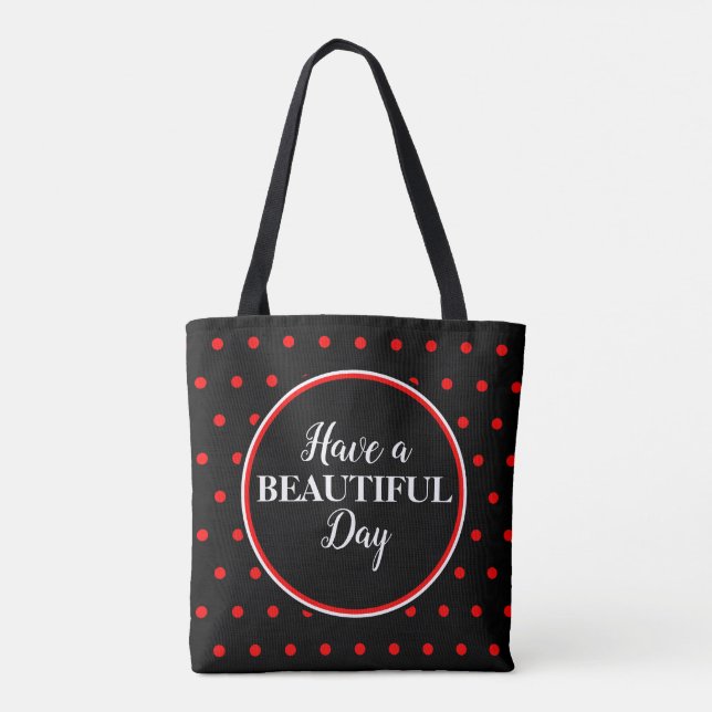 Monogram Black Red Polka Dots Quote Tote Bag (Back)