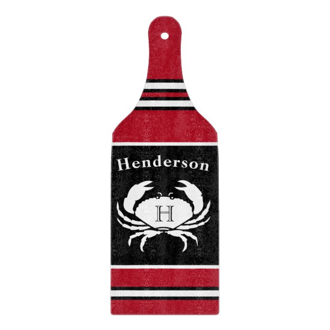 Monogram Black Red White Crab Nautical Cutting Board (Front)