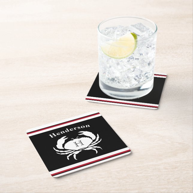Monogram Black Red White Crab Nautical  Square Paper Coaster (Insitu)