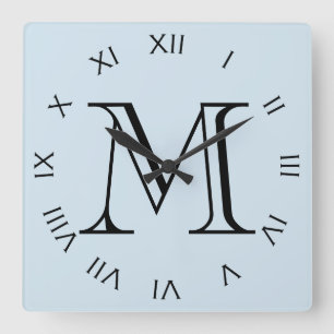 Monogram Black Roman Numbers On Pale Blue wccn Square Wall Clock
