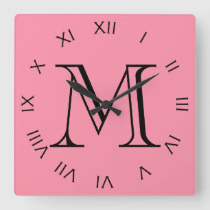Monogram Black Roman Numbers On Pink wccn Square Wall Clock