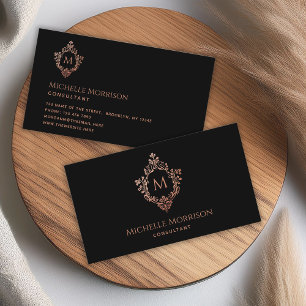 Monogram Black Rose Gold Crest Elegant Vintage Business Card