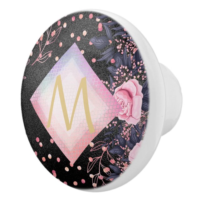 Monogram Black ROSEGOLD Pink Metallic Glitter Girl Ceramic Knob (Right)