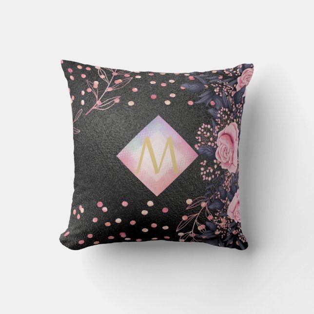 Monogram Black ROSEGOLD Pink Metallic Glitter Girl Cushion (Front)