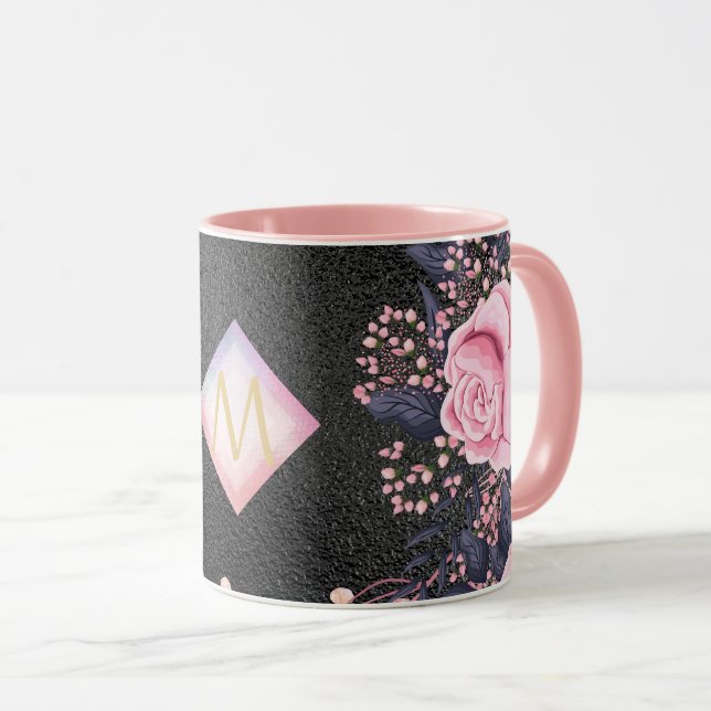 Monogram Black ROSEGOLD Pink Metallic Glitter Girl Mug (Front Right)