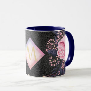 Monogram Black ROSEGOLD Pink Metallic Glitter Girl Mug