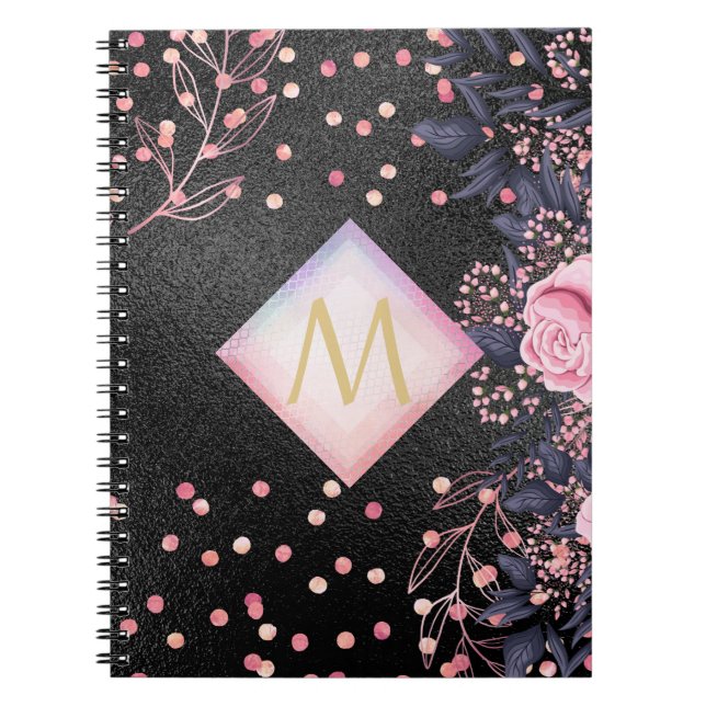 Monogram Black ROSEGOLD Pink Metallic Glitter Girl Notebook (Front)