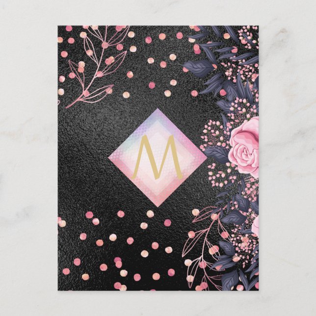 Monogram Black ROSEGOLD Pink Metallic Glitter Girl Postcard (Front)