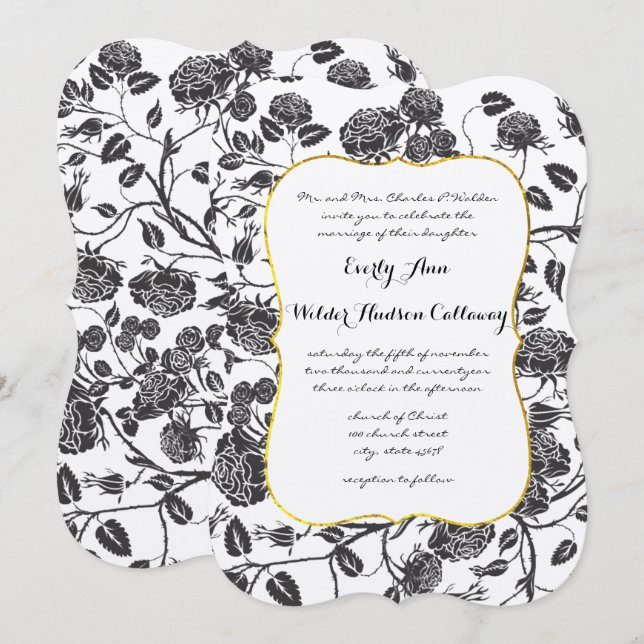Monogram Black Roses Toile Gold Border Wedding Invitation (Front/Back)