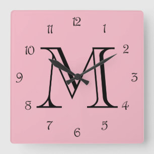 Monogram Black Script Numbers On Pink wccn Square Wall Clock