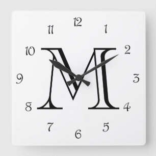 Monogram Black Script Numbers On White wccn Square Wall Clock