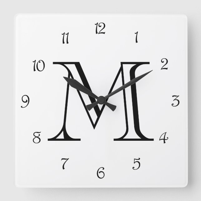 Monogram Black Script Numbers On White wccnt Square Wall Clock (Front)