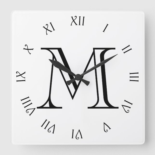 Monogram Black Script Roman Numbers On White wccnt Square Wall Clock (Front)