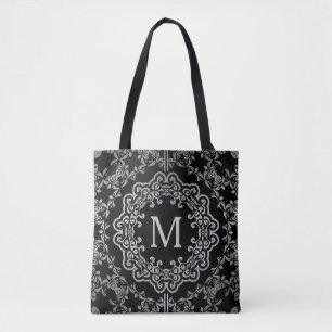 Monogram Black & Silver Filigree Motif Tote Bag