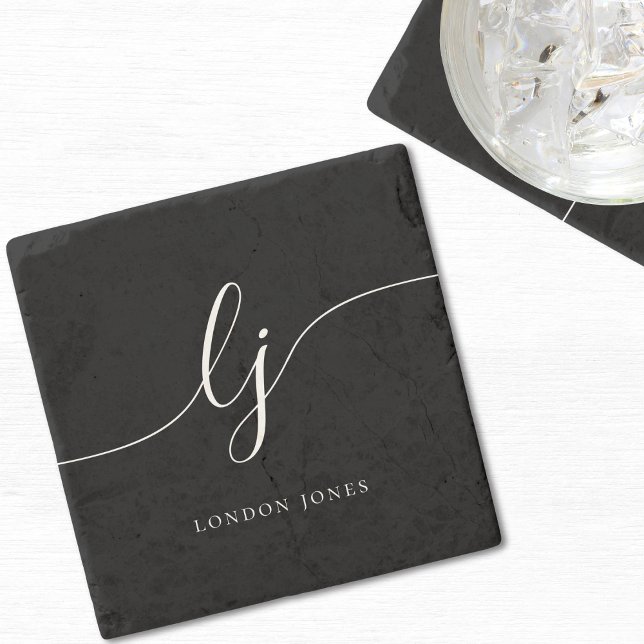 Monogram Black Simple Elegant Feminine Stone Coaster (Creator Uploaded)