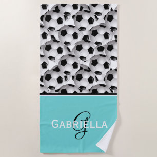 Monogram  Black Soccer Ball Pattern Beach Towel