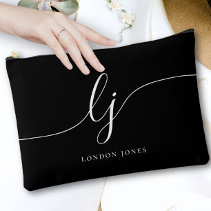 Monogram Black Stylish Calligraphy Initials Name Accessory Pouch
