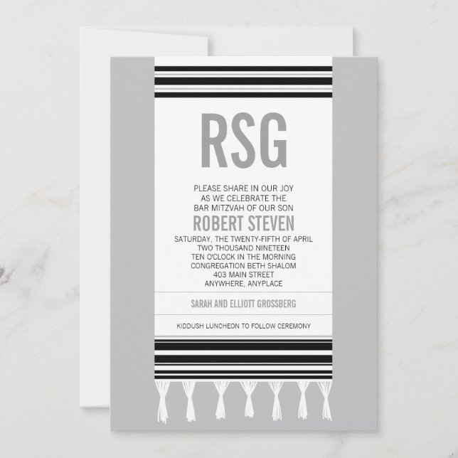 Monogram Black Tallit Bar Mitzvah Invitation (Front)