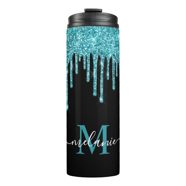 Monogram Black Teal Blue Glitter Drip Thermal Tumbler (Front)