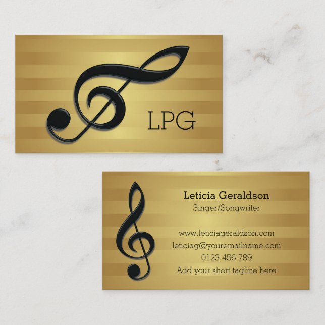 Monogram Black Treble Clef on Golden Stripes Business Card (Front/Back)