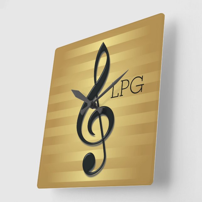 Monogram Black Treble Clef on Golden Stripes Square Wall Clock (Angle)