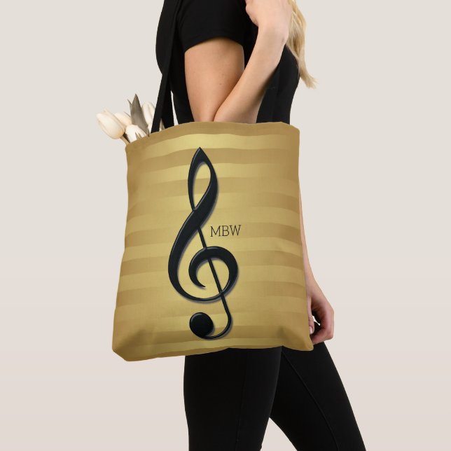 Monogram Black Treble Clef on Golden Stripes Tote Bag (Close Up)