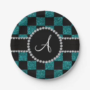 Monogram black turquoise glitter checkers paper plate