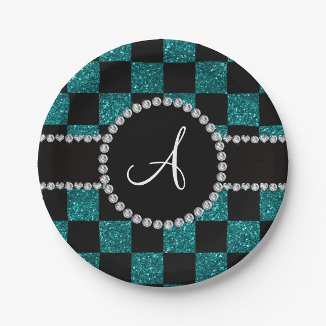 Monogram black turquoise glitter checkers paper plate (Front)