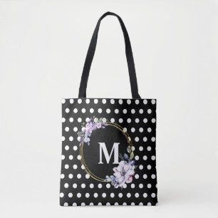 Monogram Black Vintage Flowers Polka Dots Tote Bag