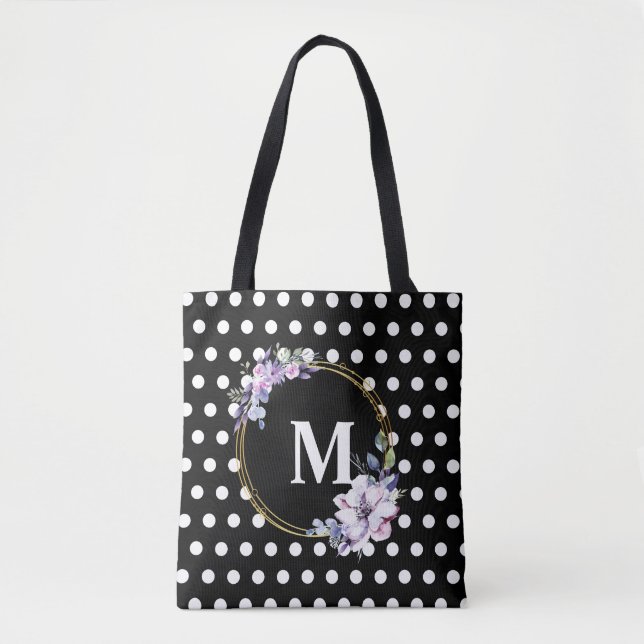 Monogram Black Vintage Flowers Polka Dots Tote Bag (Front)
