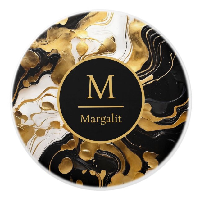 Monogram Black White and Gold Faux Marble  Ceramic Knob (Front)