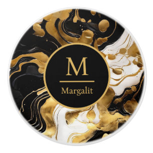 Monogram Black White and Gold Faux Marble  Ceramic Knob