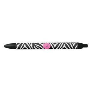 Monogram Black, White and Hot Pink Zebra Print Black Ink Pen