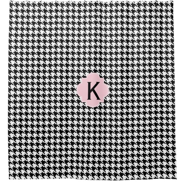 Monogram Black, White and Pastel Pink Houndstooth Shower Curtain (Front)