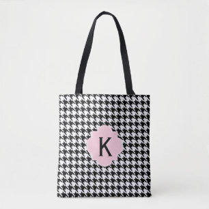 Monogram Black, White and Pastel Pink Houndstooth Tote Bag