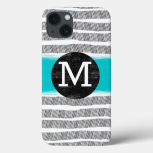 monogram black white and turquoise pattern art iPhone 13 case
